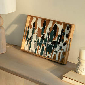 Plateau rectangulaire en bois de manguier, finition naturelle lisse, motif émaillé, vente en gros pour mariage moderne, décoration du Ramadan et Diwali - Product Image 4