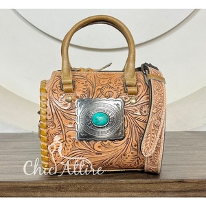 Latest Western Vintage Pattern Hand <b>Tooled</b> Cow Leather <b>Small</b> Speedy Bag for Women Fashionable Concho Crossbody Duffel Travel Bag - Product Image 1