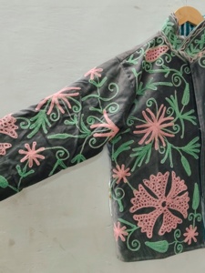 Embroidered <b>Velvet</b> <b>Blazer</b> Mandarin Collar Floral Pattern Hand Embroidery Full Sleeve Autumn Women's Jacket - Product Image 3