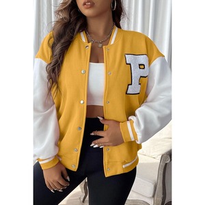 Veste universitaire jaune et blanche pour femme, manches longues, imprimé lettres P scintillantes, col boutonné, vêtement d'extérieur pour l'automne - Product Image 1