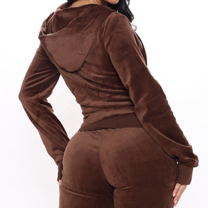 Ensemble de survêtement sportif pour femme en velours marron à capuche et fermeture éclair, avec pantalon de jogging – Nouvelle collection - Product Image 2