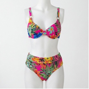 Women's Floral Print Two Piece <b>Bikini</b> <b>Set</b> High Waist Bottoms Triangle Top Spandex Polyester Swimwear - Product Image 1