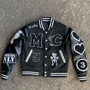 Custom Embroidered PU <b>Leather</b> Look Streetwear Varsity <b>Jacket</b> <b>Men</b> Black Quilted Patch Winter Outerwear OEM Service - Product Image 2
