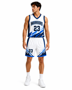 Warrior Performance Basketball Uniform Set with Dynamic <b>White</b> and Blue Design, Lightweight Fabric Ideal for Intense Training - Product Image 1