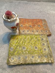 Full Jaal <strong>Saree</strong> in Georgette with Rose Gold Cutwork Zari, Silver Crystal Stones &amp; Designer <strong>Blouse</strong> Perfect for Festive Season - Product Image 5