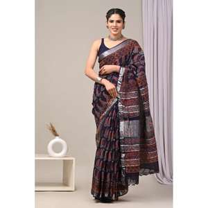 Sari clásico de lino estampado con blusa, estilo elegante para un look tradicional y moderno, de proveedor indio para exportación a granel. - Product Image 1