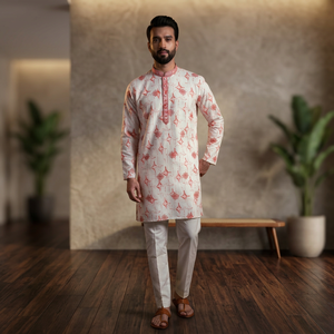 <b>Men</b> White Red Printed <b>Kurta</b> Pajama Set Regular Fit Traditional Indian Pakistani Knee-Length Cotton Casual Wear - Product Image 1