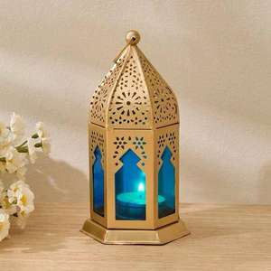 Lanterne marocaine en verre bleu, petite lanterne en fer, porte-bougie, lanterne personnalisée pour la décoration de la maison, prix de gros pour la lanterne de Noël - Product Image 1