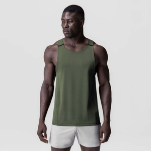 เสื้อกล้ามออกกำลังกายผู้ชายสีเขียวมะกอกแบบกำหนดเอง ทรง Racerback แห้งเร็ว ระบายอากาศได้ดี ผลิตจากโพลีเอสเตอร์/คอตตอน สำหรับเล่นกีฬาและเพาะกาย - Product Image 1