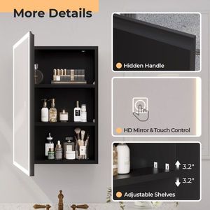 FCH LED Mirror Cabinet 71*50.8*15cm <b>Black</b> Particleboard Acrylic <b>Frame</b> 1 Door 2 Shelves Three Adjustable Brightness Color Tones - Product Image 3