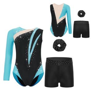 Tenue de danse latine, de gymnastique et de patinage artistique pour filles de 6 à 16 ans, justaucorps avec short et coiffe, ensemble pour spectacles et récitals - Product Image 2