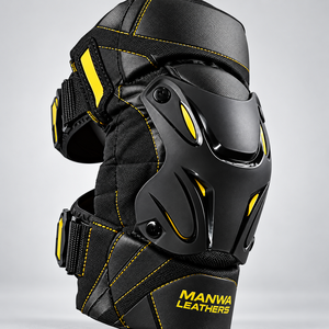 Protector de rodilla para motocicleta Manwa Leathers, protector rígido de cuero negro y amarillo, protector de rodilla para motocicleta, carcasa rígida, negro y amarillo - Product Image 1