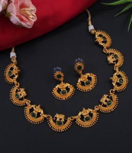 Ensemble collier élégant motif éléphant doré, serti de pierres rouge rubis, style ethnique traditionnel du sud de l'Inde, finition mate, avec boucles d'oreilles assorties - Product Image 3