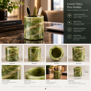Porte-stylo en pierre d'onyx verte, pot à bougie naturel poli, organisateur de bureau rond, décoration Feng Shui pour la maison - Product Image 1