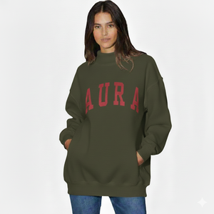 Sweat-shirt personnalisé vert olive à col montant pour femme, pull oversize en polaire à manches longues avec motif graphique AURA, décontracté pour l'hiver et l'automne - Product Image 1