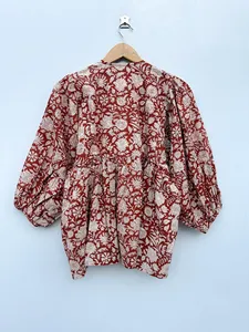 Elegant Brown Floral Hand Block Print Top Cotton Puff Sleeve Loose Fit <b>Boho</b> style Tie-Neck Detail <b>Summer</b> Casual Mini <b>Dress</b> - Product Image 3