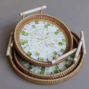 Plateau de service en rotin incrusté de nacre, artisanal et de haute qualité, design unique d'Inde, nouveau produit en bois - Product Image 5