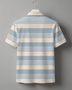 Men's Striped Jersey Short Sleeve Casual Knitted Polyester/Cotton Regular Fit Button Design Light Blue Beige Pattern Breathable - Product Image 2