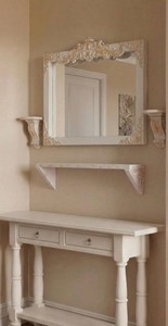 French country <b>white</b> carved <b>mirror</b> and 3 shelves, gold highlight rococo wall decor - Product Image 3