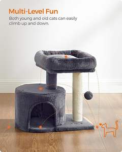 Árbol para Gatos, Torre Pequeña para Gatos con Poste Rascador de Sisal, Cama Acolchada, para Espacios Pequeños, Gatitos, Color Gris Ahumado - Product Image 1