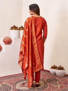 Women's Orange Roman <b>Silk</b> Traditional <b>Kurta</b> Set Hand Embroidered Dupatta Casual Wear India Pakistan Ankle-Length Regular Fit - Product Image 4