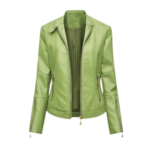 Chaqueta de Motocicleta de Cuero PU Verde para Mujer, Cuello Alto, Manga Larga, Cierre de Cremallera, Color Sólido, Estilo Motero, para Otoño - Product Image 2