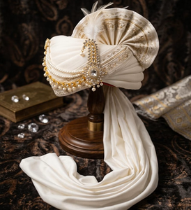 Pañuelo de Seda Blanco para Novio con Adornos de Perlas, Turbante de Boda Pre-Atado al por Mayor para Funciones Tradicionales - Product Image 2