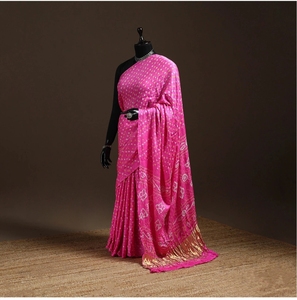 Sari artisanal en pure soie Gajji, style Bandhej, traditionnel du Rajasthan, teinture tie-dye, pour mariée - Product Image 1