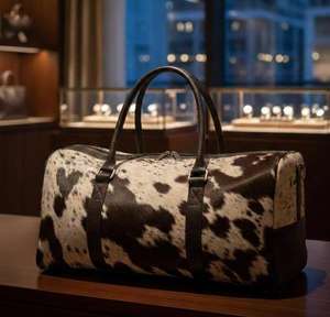 Sac de voyage en cuir de vachette véritable avec fermeture éclair, léger, portable, vintage, pour week-end, grande capacité - Product Image 4