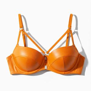 Conjunto de sujetador con aros y tanga de piel sintética naranja para mujer, con tirantes convertibles, copa completa, lencería push-up de dos piezas - Product Image 2
