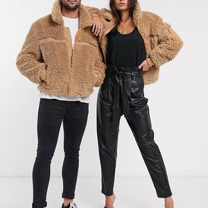 Veste unisexe en fausse fourrure épaisse, en polaire sherpa, col montant, fermeture éclair, couleur unie, manteau d'hiver décontracté, longueur courte - Product Image 3