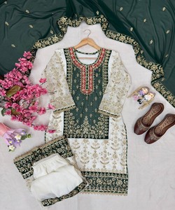Women Green White Silk Salwar Kameez With Dupatta Traditional Ethnic Wear Wedding Outfit <b>Floor</b> Length Regular Fit 83869 LC 1460 - Product Image 2