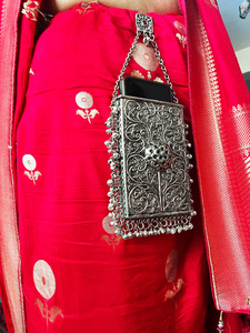 Women's Brass Mobile Phone Carry Purse Sling <b>Bag</b> with Floral Filigree Carving Engraved Design Chain Strap Evening Party Use - Product Image 3