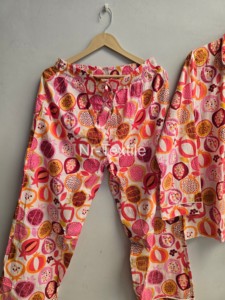 <b>Women's</b> Printed <b>Pajama</b> Set Full Length Loose Fit Turn-down Collar 100% Cotton Spring Casual Wear Fruits Pattern - Product Image 4