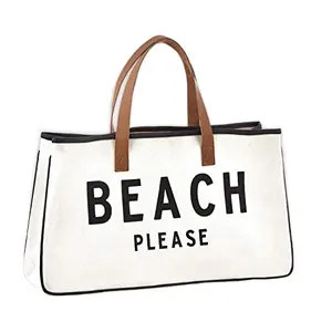 Beach Tote Very Nice Fashion Leather Handle Plain white Canvas Portable Beach Tote Bag custom printed logo tote bag
