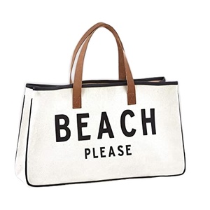 Tote Bag de plage en cuir pour femmes, joli sac de plage avec poignée en cuir, toile blanche unie, logo imprimé personnalisé, fourre-tout - Product Image 1