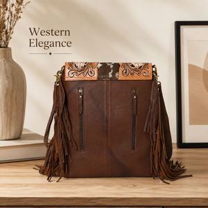 Sac bandoulière artisanal en cuir de vachette à poils, style western, motif floral, avec franges vintage, sac messager pour femme - Product Image 4