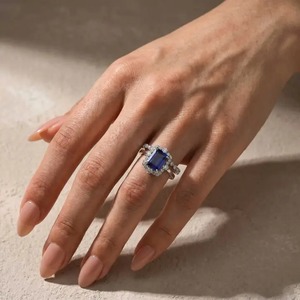 925 Moissanite 3.0Ct Halo <b>Emerald</b> Cut Blue Sapphire Engagement <b>Ring</b> in Sterling <b>Silver</b> Gold Plated Wedding Band. - Product Image 3