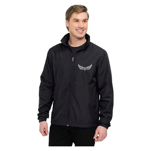 <b>Men's</b> Black Windproof Zipper <b>Jacket</b> With Embroidered Wings Logo Stand Collar Casual Autumn Wear - Product Image 1