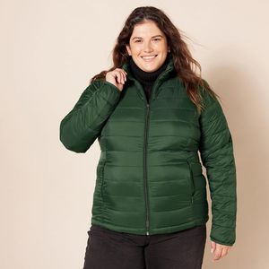 Women's Green Quilted Jacket Stand Collar <b>Full</b> Sleeve Zipper Closure Solid Color Regular <b>Length</b> Casual <b>Coat</b> - Product Image 2
