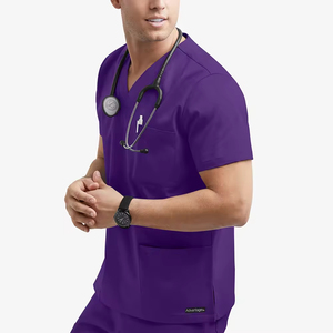 Blouse médicale unisexe violette à col en V et manches courtes, uniforme d'hôpital avec poches, tissu tissé 100 % polyester - Product Image 5