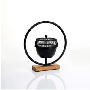 Brûleur d'encens moderne en métal, cadre circulaire élégant avec couvercle en treillis métallique sur base rectangulaire en bois pour une décoration intérieure de luxe - Product Image 4