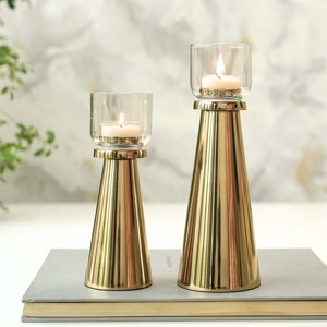 Gold Noir Glow Candlestick Holder Set With Glass <b>Cup</b> Heat Resistant Home Decoration 31cm And 25.5cm - Product Image 6