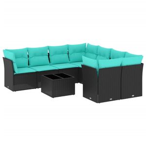 Set di divani da giardino in polyrattan nero da 9 pezzi con cuscini - Product Image 2