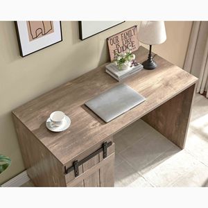 Scrivania per Home Office 92205 Hazelnut con un mobiletto, tre ripiani, anta scorrevole effetto fienile su cerniere metalliche Euro, pannello decorativo, scrivania per computer - Product Image 2