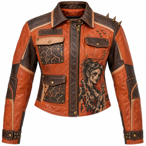 Chaqueta de cuero genuino naranja marrón para mujer, estilo motero, con estampado personalizado 'Mechanic Girl', bolsillos con solapa y detalles de púas, proveedor OEM - Product Image 1