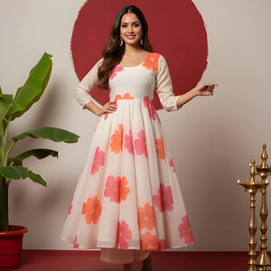 Conjunto de Kurta Anarkali Blanca con Estampado Floral y Dupatta Estampada, Tela Georgette con Forro de Crepé, Completamente Cosido - Product Image 1