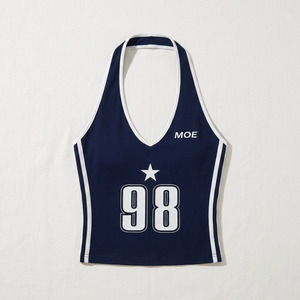 Top corto con cuello halter azul elegante, camisa con estampado de números gráficos personalizados para mujer, camiseta sin mangas con cuello en V, camiseta sin mangas de verano Y2K American Vintage Varsity - Product Image 4
