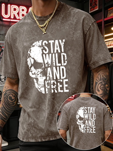 Camiseta de algodón de manga corta con cuello redondo y estampado de calavera para hombre, estilo vintage, holgada, con estampado de calavera, Stay Wild And Free, estilo urbano - Product Image 1