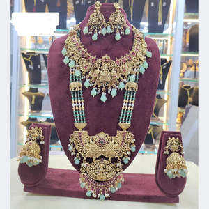 Gold Plated Pota Stone and <b>Beads</b> Fine Jewelry <b>Set</b> Temple Bridal Necklace Combo-10581317PGR - Product Image 1
